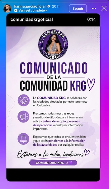 Comunidad KRG de Karina García impulsa apoyo y difusión tras el terremoto en Colombia - crédito karinagarciaoficiall/Instagram