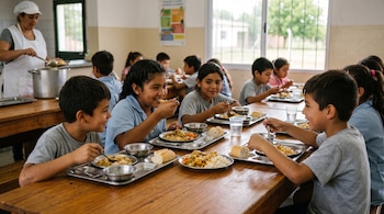 Niños sentados frente a bandejas metálicas con comida en un salón comedor con una cocinera al fondo.