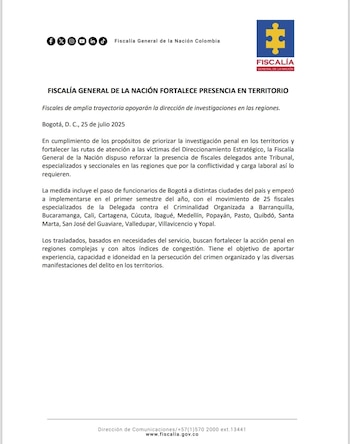 Mediante un comunicado, la Fiscalía