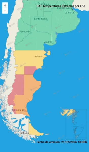 Mapa de Argentina con zonas de alerta por frío coloreadas en verde, amarillo, naranja y rojo. Nombres de ciudades y el texto 'SAT Temperaturas Extremas por Frío'