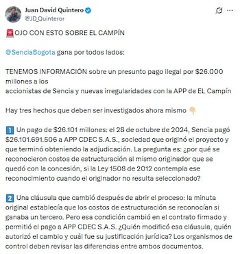 El concejal Juan David Quintero denunció un presunto pago irregular por más de 26.000 millones de pesos en la concesión del estadio El Campín, así como una modificación del contrato firmado con Grupo Sencia - crédito @JD_Quinteror/X