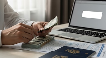 Feche a mão contando dólares. Sobre a mesa estão diversas contas, documentos de imigração e dois passaportes azuis ao lado de um laptop.
