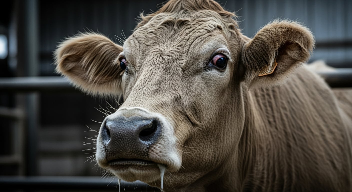 Un bovino con ojos enrojecidos y saliva escurriendo de su boca muestra posibles signos asociados a la enfermedad de las vacas locas. (Imagen Ilustrativa Infobae)