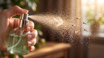 Mano sujetando un frasco de vidrio con pulverizador que lanza una nube de aerosol hacia varios mosquitos.