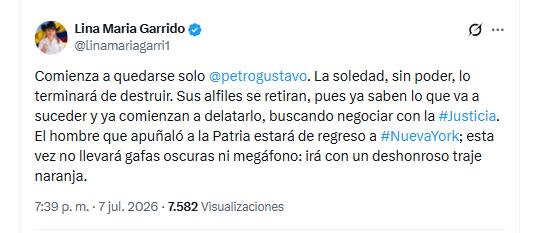 La congresista Lina María Garrido asegró que el presidente Gustavo Petro podría afrontar un proceso penal en Estados Unidos - crédito @linamariagarri1/X