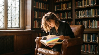 Plano medio de una persona joven sentada en un sillón de cuero, leyendo un libro en una biblioteca con estanterías. Un arcoíris de luz ilumina las páginas.