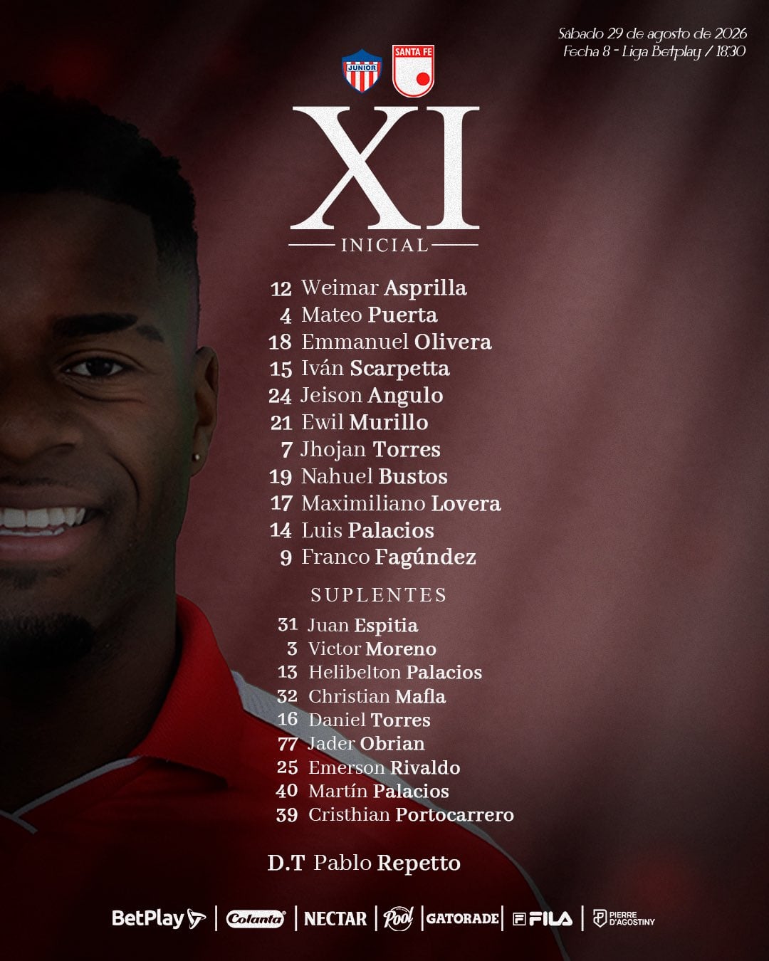 Alineación de Santa Fe para enfrentar al Junior de Barranquilla en el Romelio Martínez - crédito Santa Fe