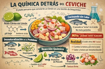 Infografía sobre la química del ceviche con limones, pescado, un plato de ceviche, fórmulas químicas, y diagramas de desnaturalización de proteínas.