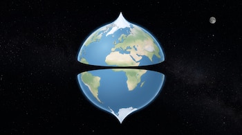 Planeta Tierra dividido horizontalmente en dos secciones puntiagudas sobre un fondo negro con estrellas y la Luna visible arriba a la derecha.
