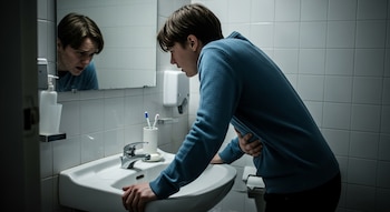 Joven con suéter azul inclinado sobre un lavabo, sujetándose el estómago y mirando al espejo en el baño.