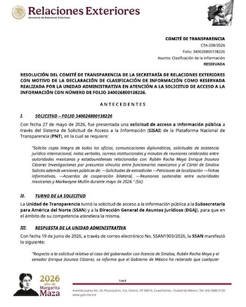 El Comité de Transparencia determina, tras solicitudes ingresadas el 26 de mayo, mantener bajo resguardo posturas oficiales, mecanismos de colaboración, planes de enlace entre autoridades y lineamientos para el diálogo diplomático bilateral