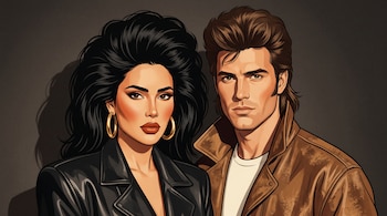 Ilustración de una mujer de cabello negro y un hombre de cabello castaño vestidos con chaquetas de cuero sobre un fondo oscuro.