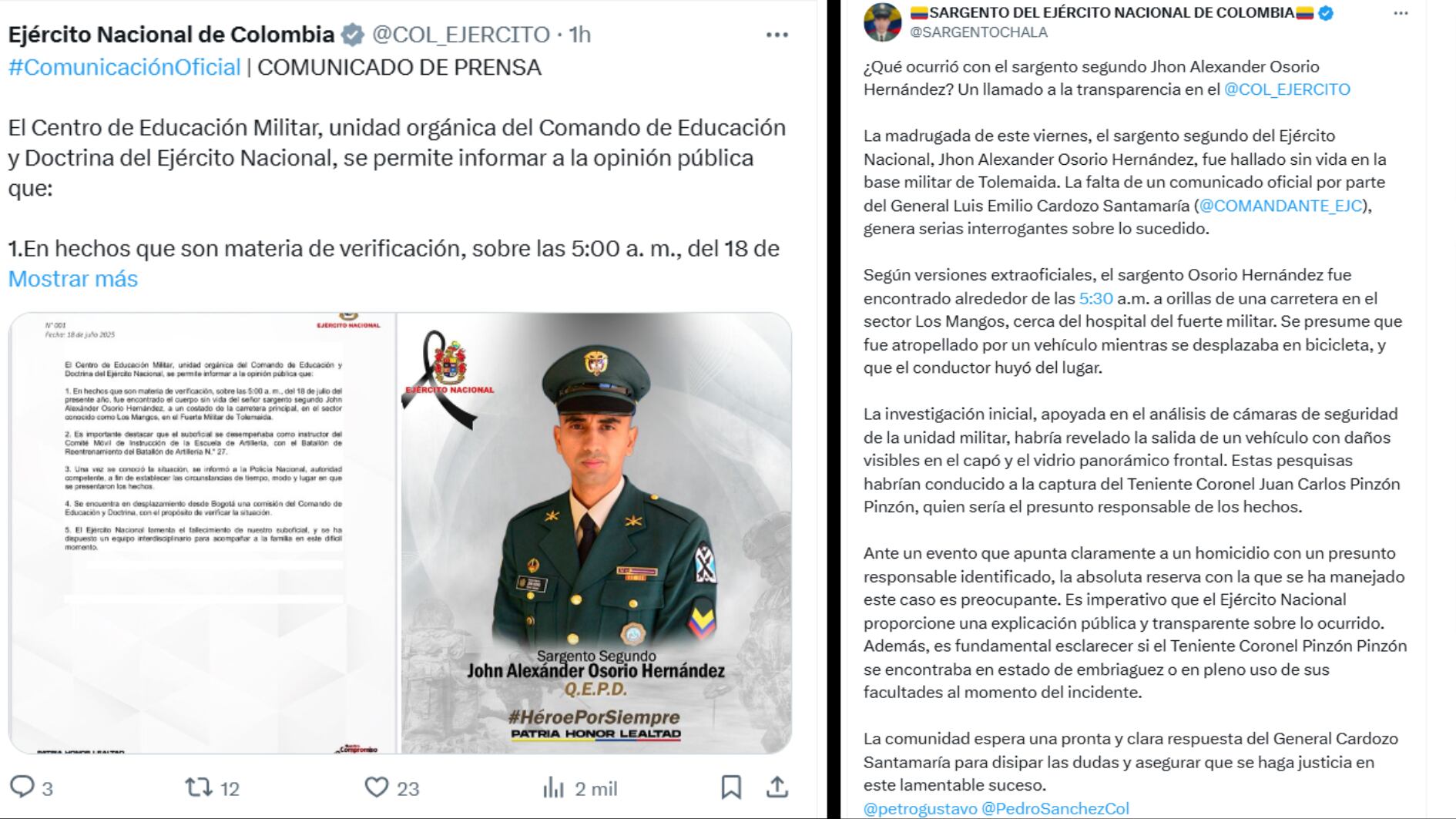 El sargento retirado del Ejército Nacional Alexander Chala Saénz fue quien dio a conocer los hechos a través de un mensaje en su cuenta de X, y debido a esto varios usuarios pidieron respuestas, igual que él - crédito Ejército Nacional y @COL_EJERCITO/X