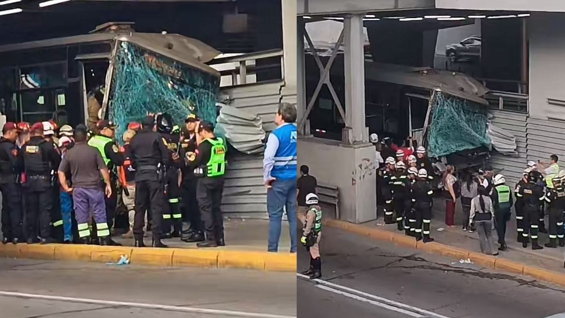 Equipos de emergencia asisten en el lugar del accidente de autobús en la estación Andrés Reyes, donde el conductor quedó atrapado y varios pasajeros sufrieron heridas menores antes de ser trasladados a centros médicos. (Composiciónb: Infobae Perú)