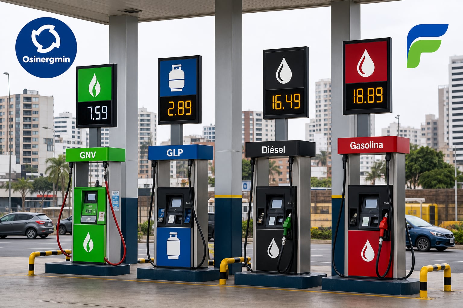 Surtidores de una estación de servicio en Lima exhiben los precios de GNV, GLP, diésel y gasolina fiscalizados por Osinergmin. (Imagen Ilustrativa Infobae)
