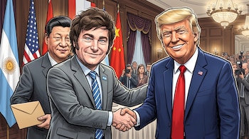Caricatura de Javier Milei que estrecha la mano a Donald Trump mientras Xi Jinping le pasa un sobre amarillo por la espalda.