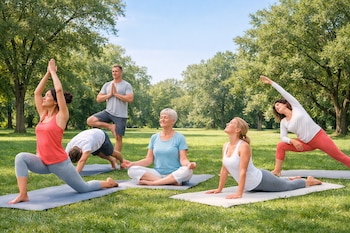 Seis personas practican yoga en un parque con árboles frondosos y césped verde. Están en colchonetas en varias posturas de yoga bajo un cielo azul claro.