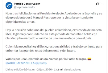 Partido Conservador felicitó a Abelardo de la Espriella - crédito @soyconservador/X