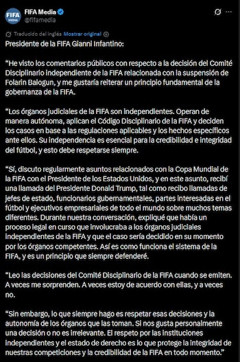 El comunicado de Infantino sobre el caso Balogun