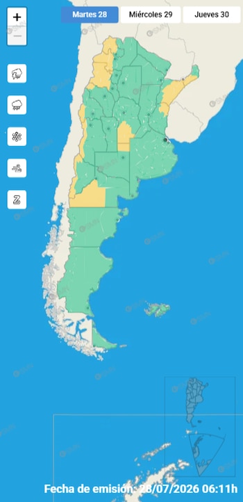 Mapa de Argentina con divisiones provinciales en colores verde y amarillo, con un recuadro de zoom, iconos de clima y fecha de emisión 28/07/2026