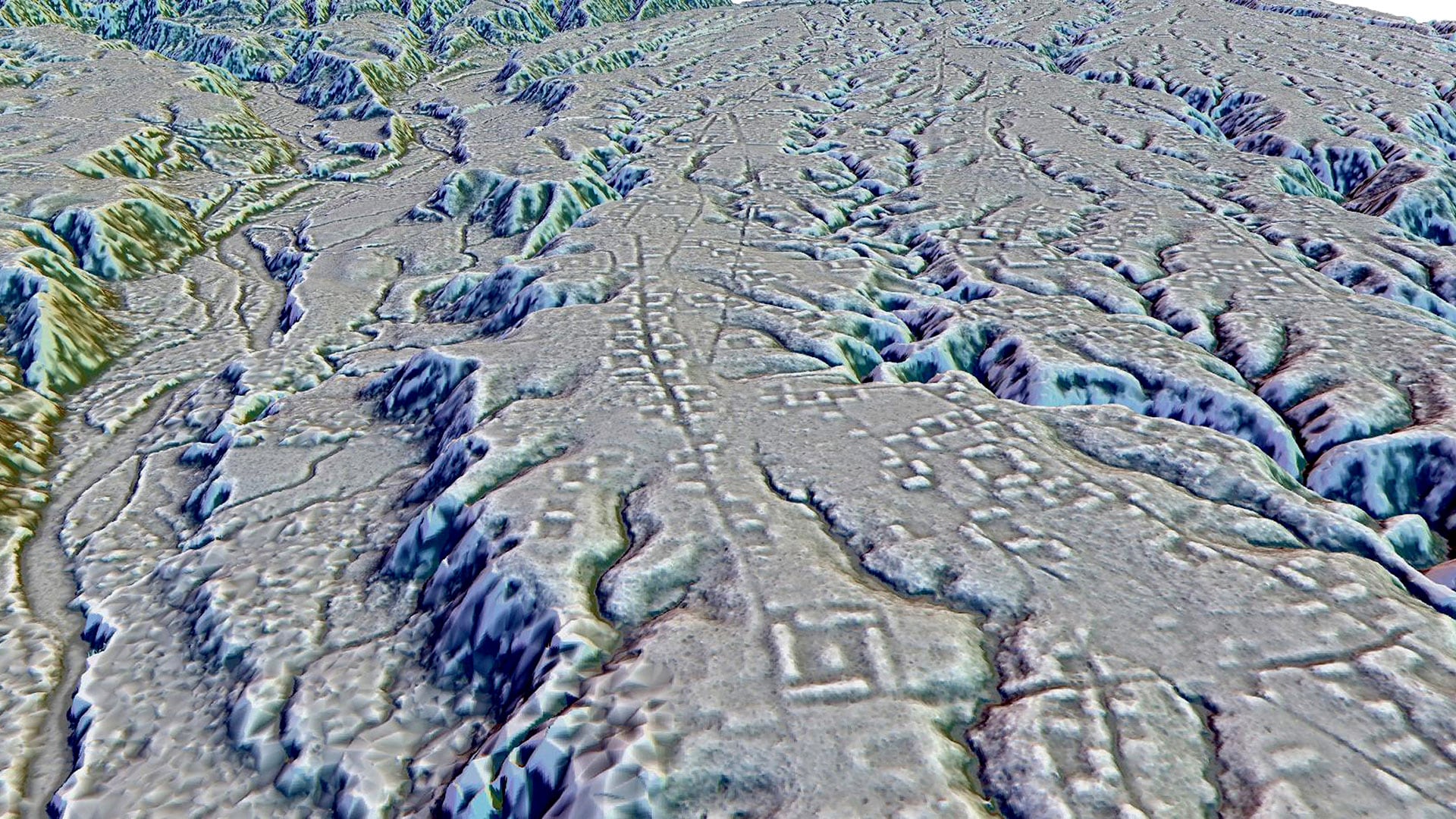 Esta imagen LIDAR, proporcionada por investigadores en enero de 2024, muestra complejos de plataformas rectangulares dispuestas alrededor de pequeñas plazas y distribuidas a lo largo de amplias calles excavadas en el sitio de Kunguints, en el valle de Upano, Ecuador. Arqueólogos han descubierto un conjunto de ciudades perdidas en la selva amazónica que albergaba al menos a 10 000 agricultores hace unos 2000 años, según un artículo publicado el jueves 11 de enero de 2024 en la revista Science (Antoine Dorison, Stéphen Rostain vía AP)
