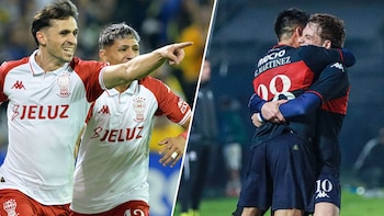 Composición de dos imágenes con futbolistas de Huracán celebrando a la izquierda y jugadores de Tigre abrazándose a la derecha