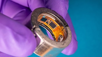 Una mano con guante púrpura sujeta un anillo metálico que muestra circuitos electrónicos en su interior, sobre un fondo azul liso