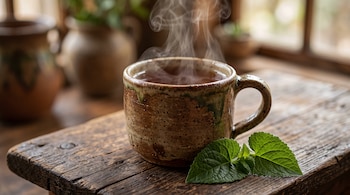 Una taza de cerámica con vapor de agua sobre una mesa de madera junto a dos hojas verdes frescas.