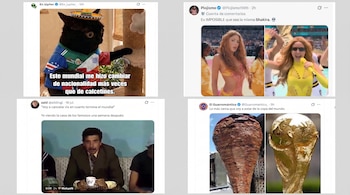 Cuatro capturas de pantalla de publicaciones de redes sociales con textos y memes: un gato, Shakira, un hombre bebiendo té, carne al pastor y un trofeo.