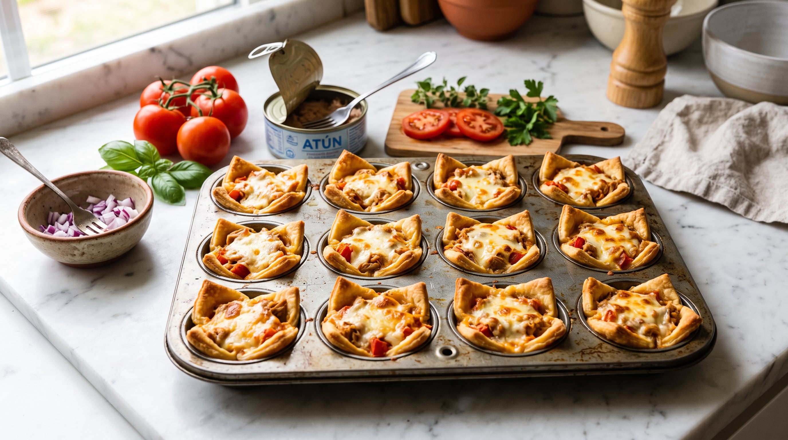 Las canastitas de atún y queso combinan atún, cebolla, tomate y queso mozzarella en un relleno cremoso (Imagen Ilustrativa Infobae)