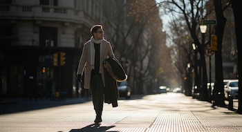 Un hombre caucásico de mediana edad con gafas, abrigo beige, bufanda clara y guantes oscuros camina por una calle soleada con árboles y edificios al fondo.