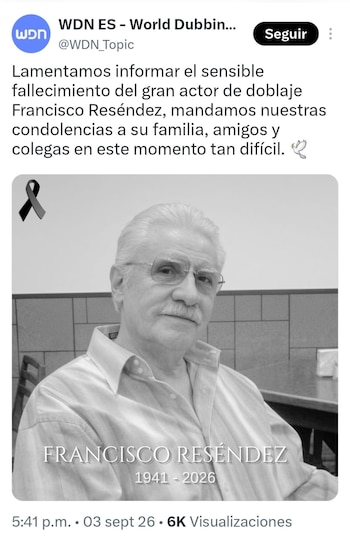Captura de una publicación digital con un mensaje de condolencias y una foto en blanco y negro del actor Francisco Reséndez