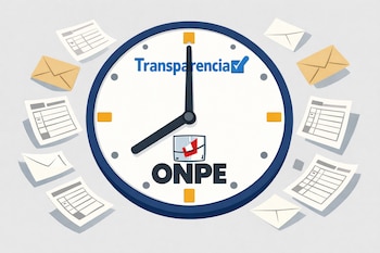 Ilustración de un reloj con manecillas en azul marino, la palabra 'Transparencia' y el logo de ONPE en su esfera, rodeado de papeles y sobres flotantes.