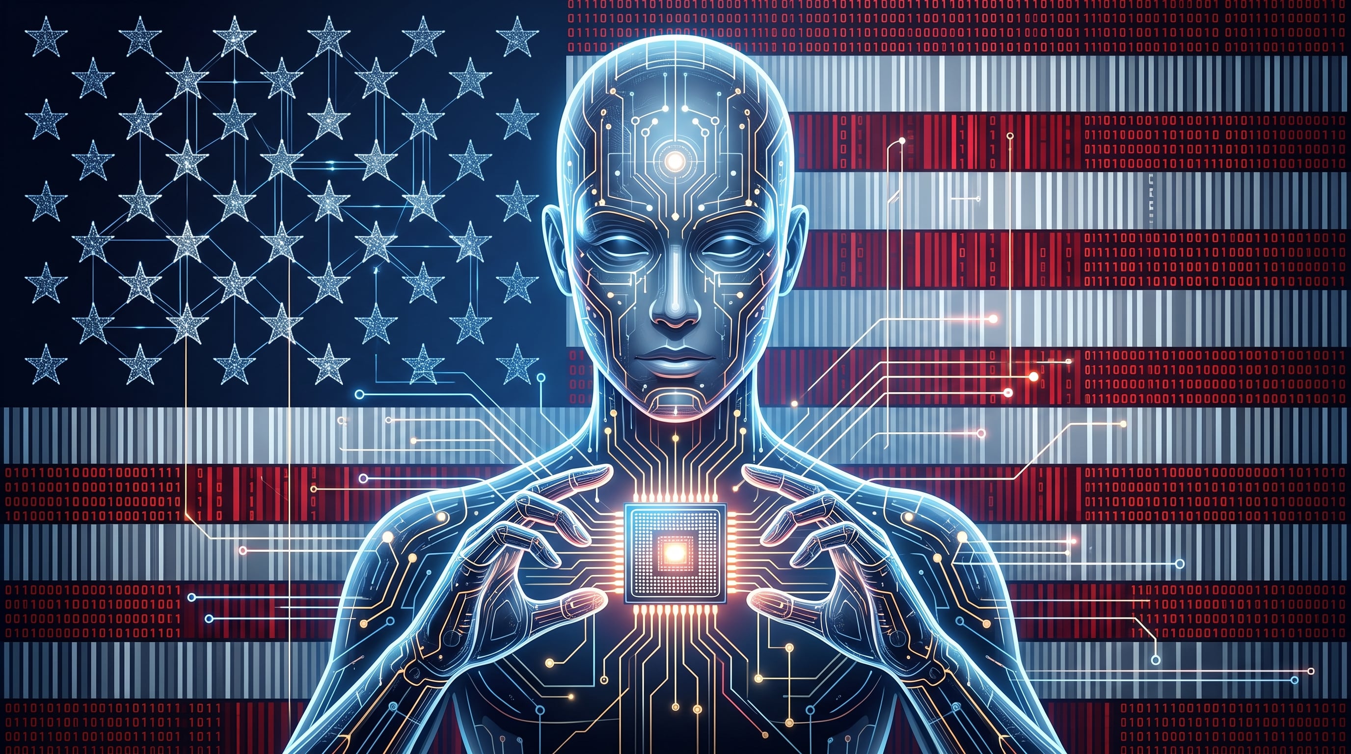 Una figura cibernética sostiene un microchip procesador frente a una bandera de Estados Unidos compuesta por código binario y circuitos de silicio. (Imagen Ilustrativa Infobae)
