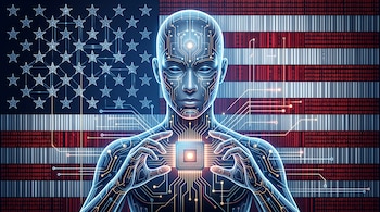 Figura humana hecha de circuitos cibernéticos que sostiene un microchip luminoso ante una bandera de Estados Unidos en código digital.