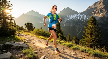 Mujer corriendo por un sendero de montaña rocoso con equipo de trail running. Pinos y altas montañas nevadas bajo un sol radiante de amanecer.
