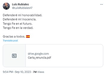 Tuit de Luis Rubiales.