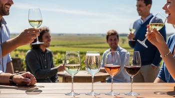 Cuatro copas con vino sobre una mesa de madera y un grupo de personas al aire libre brindando con copas en la mano.