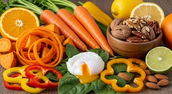 Primer plano de zanahorias enteras y en espiral, trozos de batata, espinaca, rodajas de pimientos, huevo escalfado, nueces y cítricos como naranja, limón y lima.