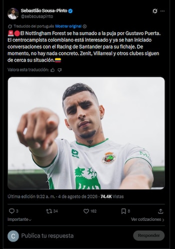 El periodista reportó que Nottingham Forest se sumó a la carrera por Gustavo Puerta y que todavía no hay nada cerrado.-crédito @sebsousapinto/X