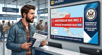 Estados Unidos mantiene la alerta de viaje para Nicaragua por riesgo de detenciones arbitrarias y restricciones legales. (Visuales IA)