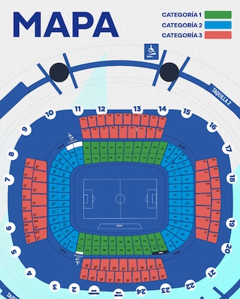La distribución de zonas en el Estadio Cuauhtémoc facilita la elección de asientos, con Platea Plus en verde, Cabeceras y Platea Oriente en azul, y Rampas en rojo. (X/ @CruzAzul)