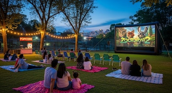 Un grupo de personas sentadas en el pasto y sillas frente a una pantalla inflable que muestra "Zootopia 2", con luces y un puesto de palomitas.