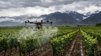 Un dron agrícola en vuelo pulveriza un campo con hileras de plantas verdes, frente a una cadena montañosa y un cielo nublado.