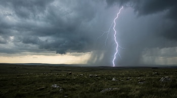 Cielo cubierto de nubes oscuras de tormenta sobre un campo de pastizales con piedras, un rayo vertical impactando el suelo, lluvia distante y horizonte pálido.