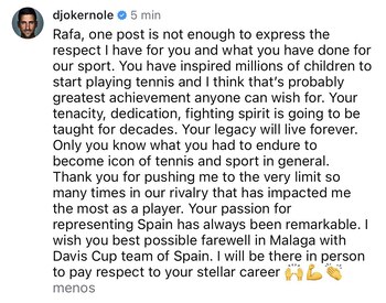 Mensaje de Djokovic tras el retiro de Nadal