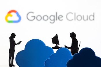 3D printed clouds and figurines are seen in front of the Google Cloud service logo in this illustration taken February 8, 2022. REUTERS/Dado Ruvic/Illustration