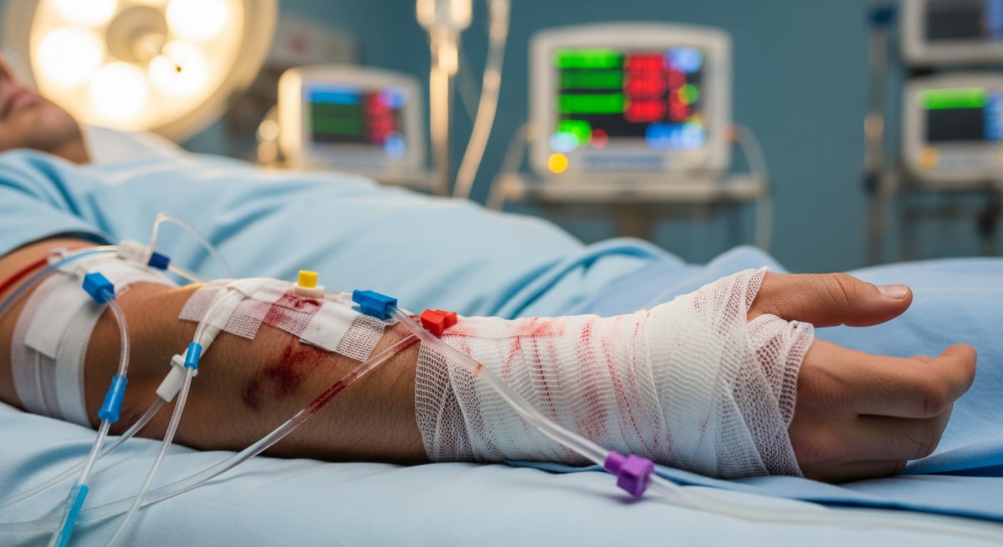 Un hombre yace en una cama de la UCI, su brazo gravemente herido está conectado a múltiples tubos intravenosos y vendado. (Imagen Ilustrativa Infobae)