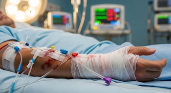 Primer plano del brazo de un hombre en UCI, con herida, vendajes manchados de sangre y múltiples tubos intravenosos; monitores médicos de fondo.