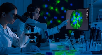 Dos mujeres con batas blancas y guantes trabajan en un laboratorio. Una mira por un microscopio y la otra señala células en un monitor.